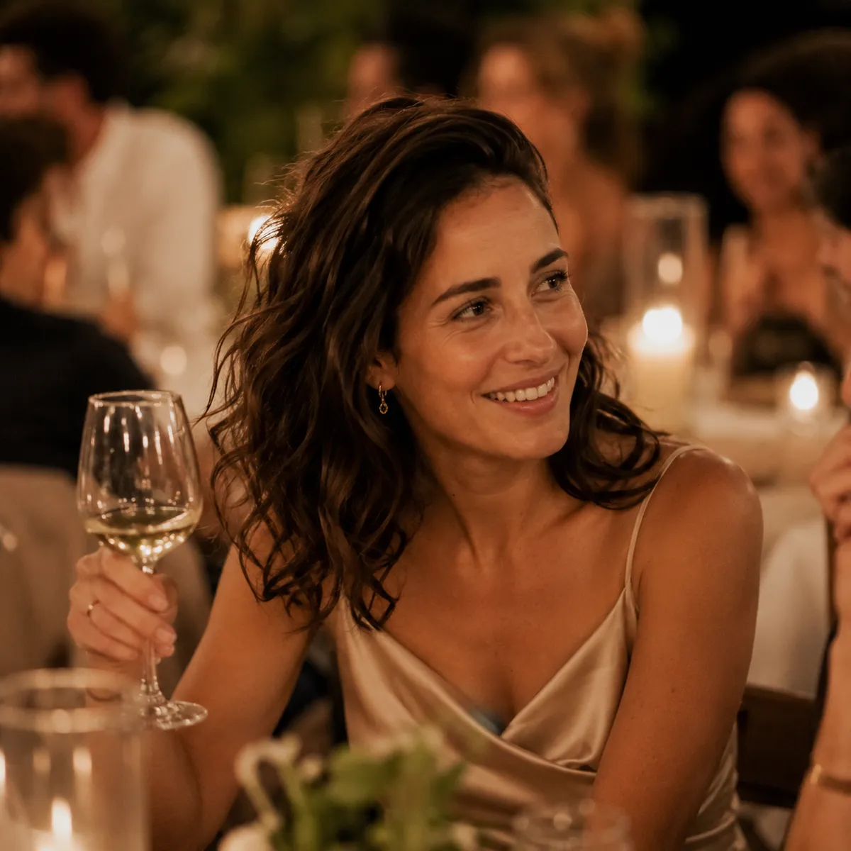 Guest smiling at wedding reception
