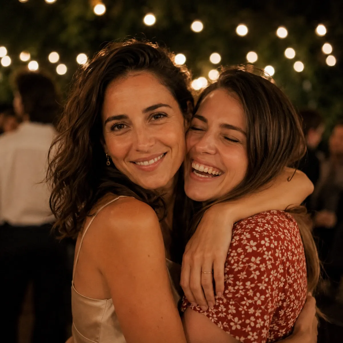 Friends embracing at evening reception